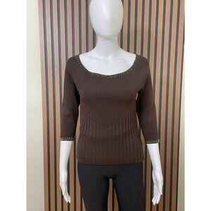 Cache Women's M Brown Blouse Silk Top Beaded Y2k Boho Scoop Neck Vintage